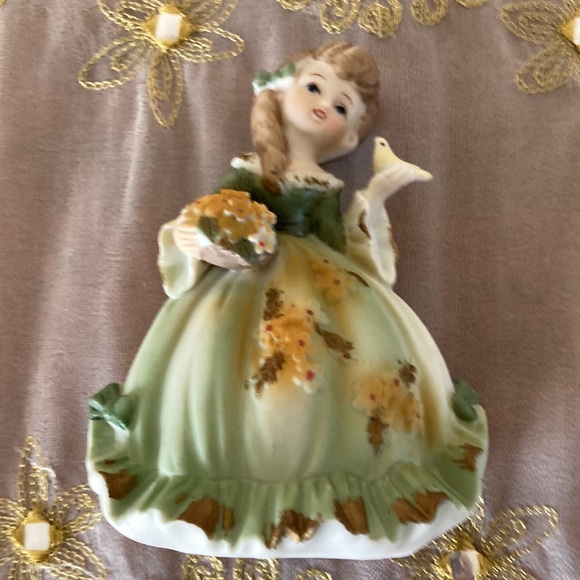 Lefton China Hand Painted Bisque Porcelain Girl holding Bird and Flower Basket - Picture 3 of 10
